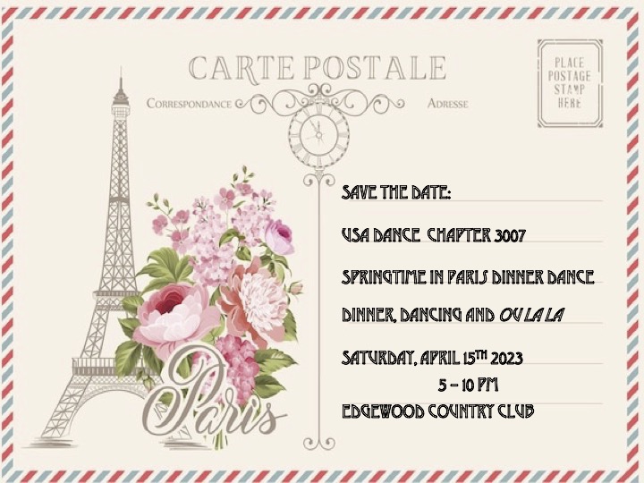 save-the-date postcard for "Springtime in Paris" dinner dance